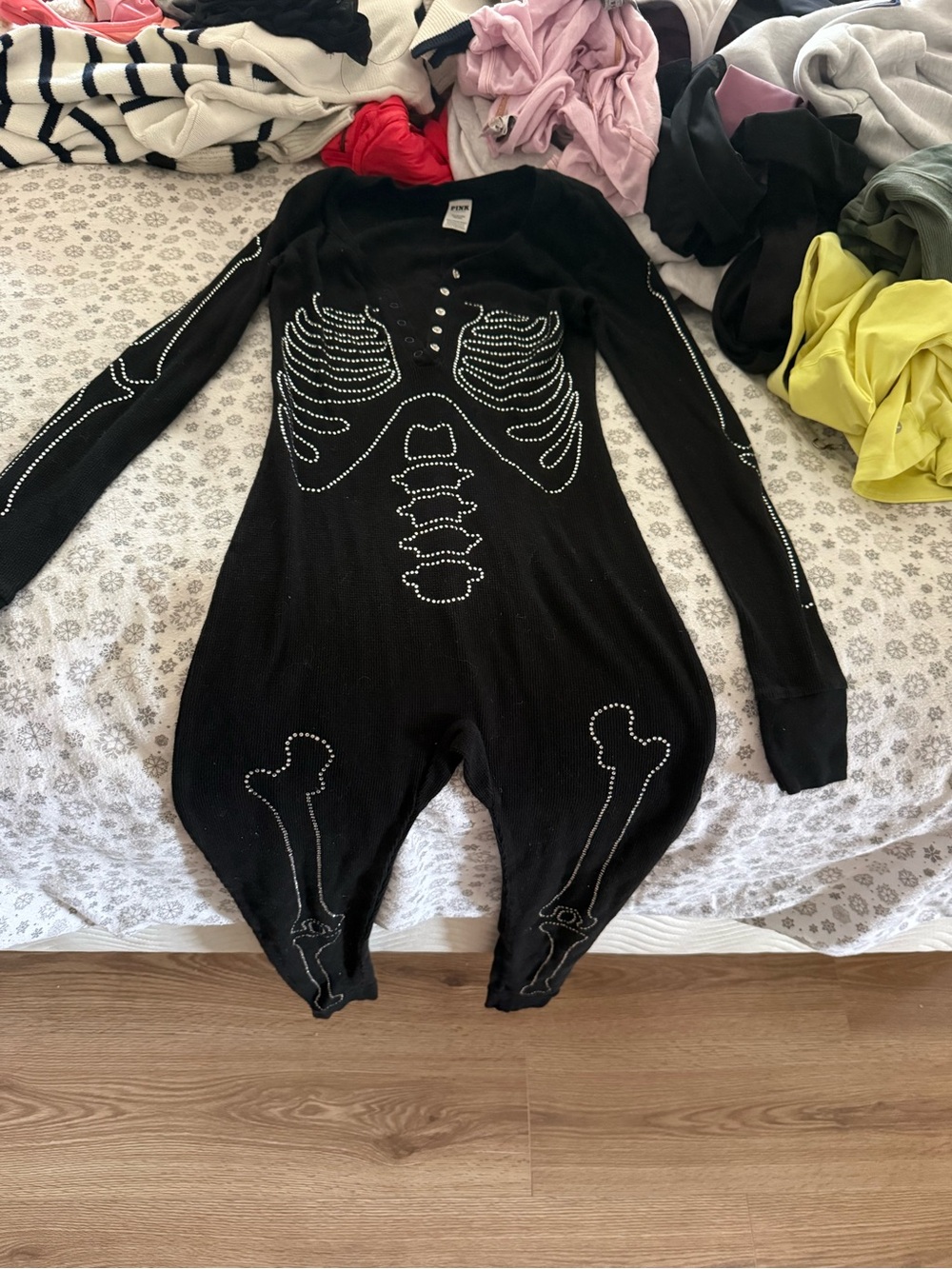Victoria Secret -Pink womens in Black Rhinestone Skeleton One-Piece Bodysuit